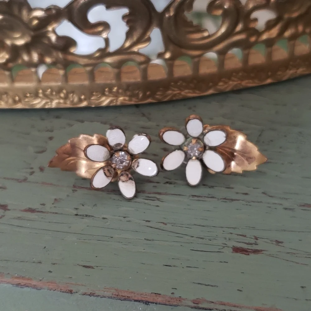 Antique Vintage Reworked Enamel Floral Rhinestone Stud Earrings - Picture 1 of 5